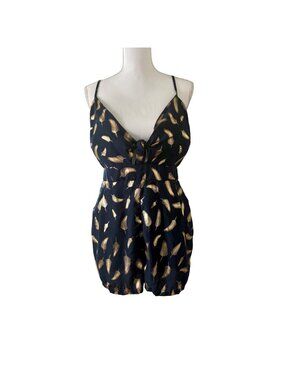 Toxik3 Modern Fairycore Sleeveless Boho Navy & Gold Feather Print Glam Romper L